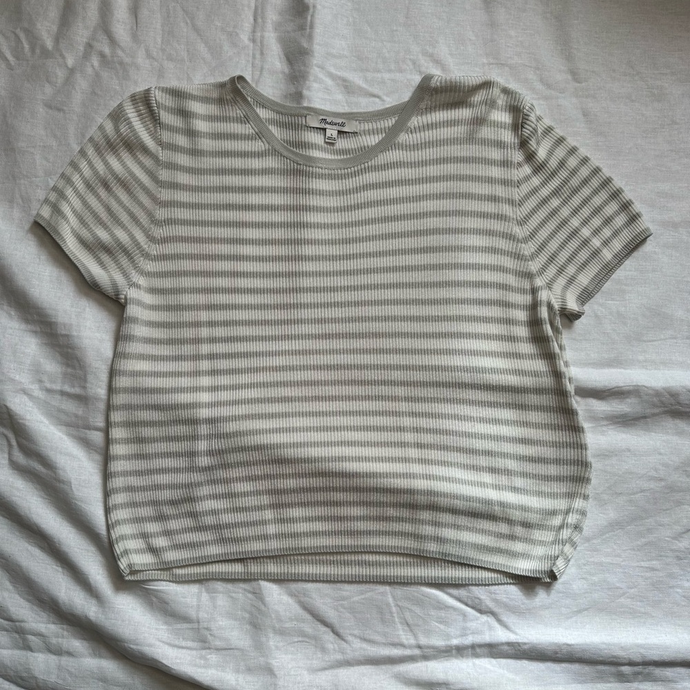 Madewell Micro-Ribbed Gray and White Sweater